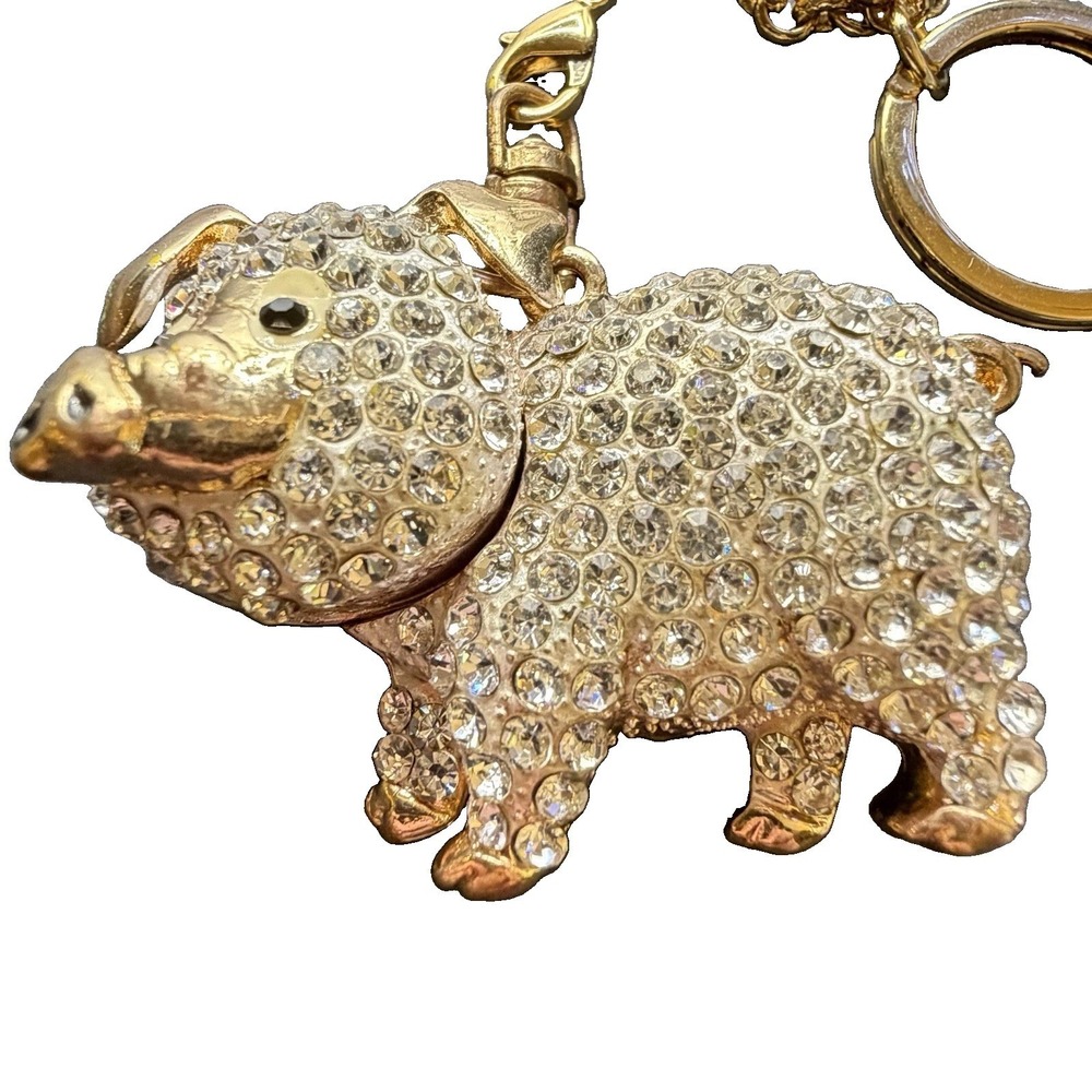 RARE Vintage Pig Pendant Keychain Large Gold Tone Bag Purse Charm Sparkles